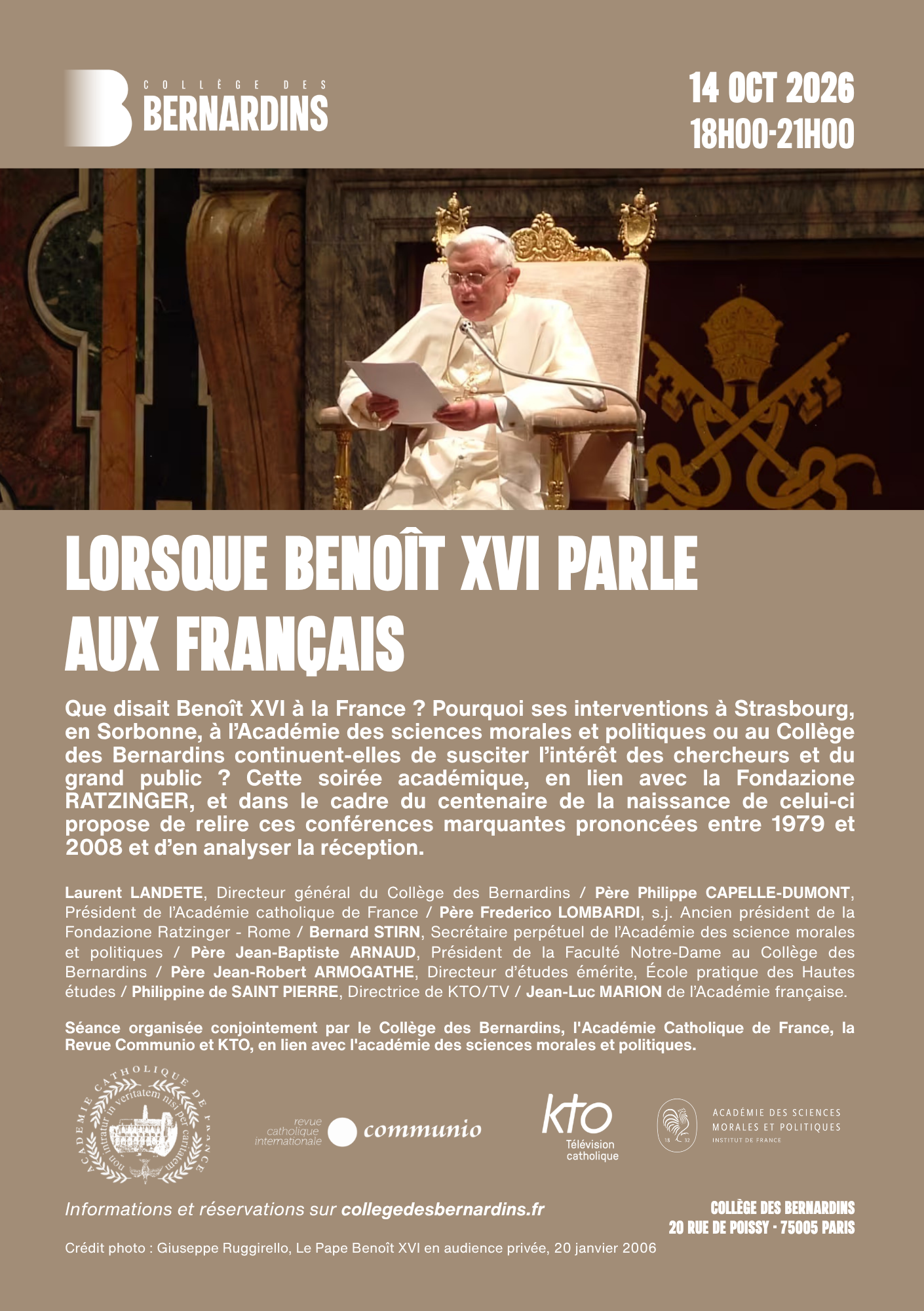Affiche du colloquium Lorsque Benoît XVI parle aux Français, le 14 octobre 2026